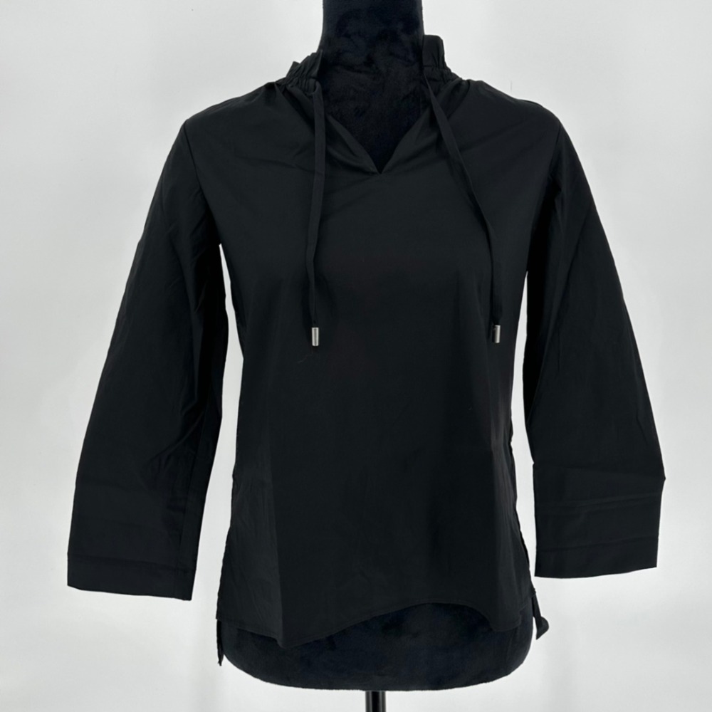 NEW Ann Taylor Black Poplin Tie Neck Blouse Classic Business Minimalist XXS Pet. - Picture 2 of 10